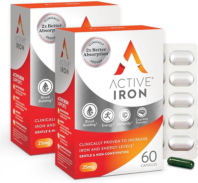Active Iron Supplement 25mg – Clinically Proven to Increase Iron & Energy Levels – Gentle, Non-Constipating, Highly Absorbed – 120 Capsules