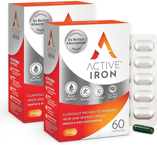 Active Iron Supplement 25mg – Clinically Proven to Increase Iron & Energy Levels – Gentle, Non-Constipating, Highly Absorbed – 120 Capsules