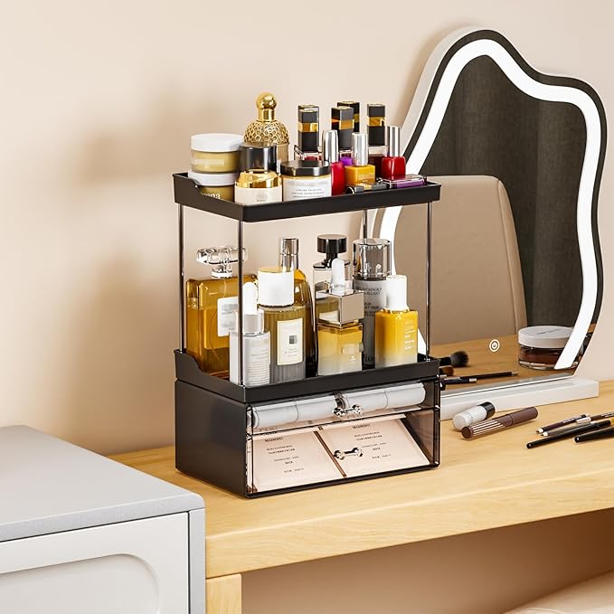 Yieach Acrylic Makeup Organizer Countertop,Large Skincare Organizer for Dresser Top,Plastic Bathroom Counter Organizers and Storage for Beauty,Cosmetic,Hair Products,Lotion and Perfume Organizer,Black