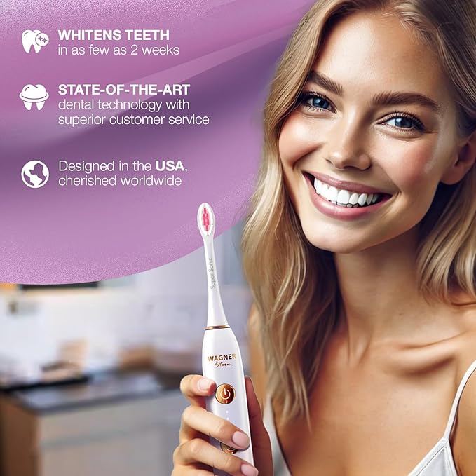 Wagner Stern WHITEN+ Edition. Whitening Electric Toothbrush with Pressure Sensor. Offers 5 Brushing Modes, 3 intensities, 8 Soft Brush Heads, and a Luxury Travel case. (Magnolia)