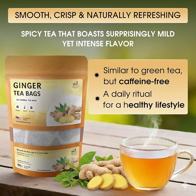 TeaDreamTea Ginger Tea Bags - 100 Bleach-Free Tea Bags | Caffeine Free, Antioxidant, Calms Upset Stomach - Strengthen Immune System - Herbal Ginger Tea