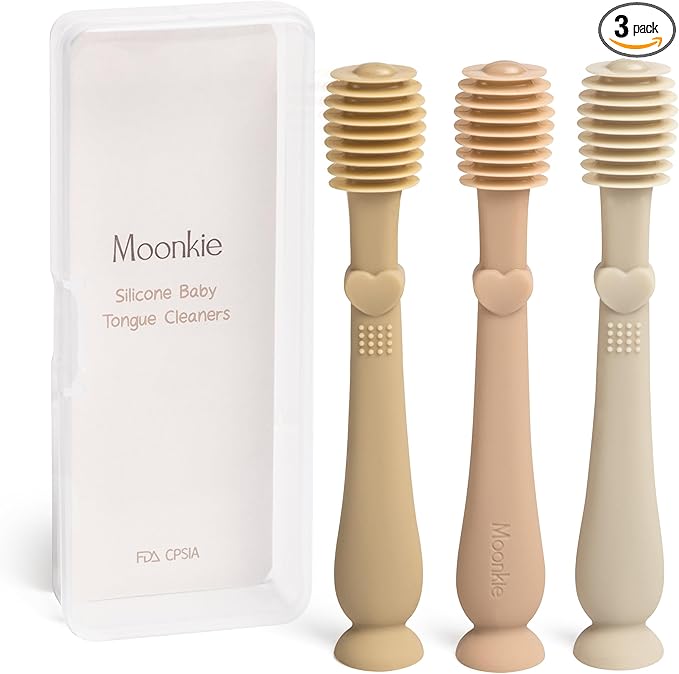 Moonkie Baby Tongue Cleaner, Toddler Toothbrush, Baby Oral Cleaner Newborn Kit for 3 Months+, 3 Pcs (Croissant/Apricot/Sand)
