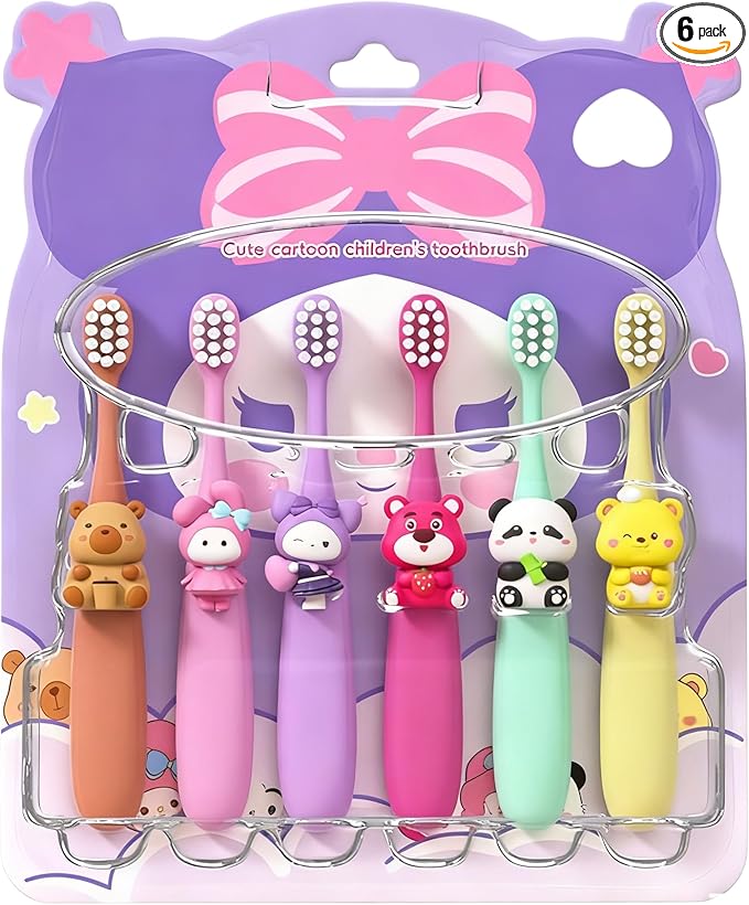 Capybara Kids Toothbrushes 6-Pack, Extra Soft Bristles, Small Brush Heads, Ages 3-12, Fun Bath and Travel Toothbrushes for Boys and Girls (Style 1)