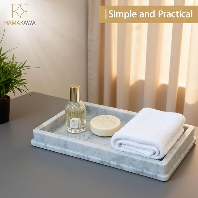 Large Natural Marble Bathroom Vanity Tray 12 inch, Carrara White Stone Jewelry Tray, Rectangle Sink Trays, Modern Tank Trays, Countertop Organizer for Soap Dispenser, Kitchen, Home Decor