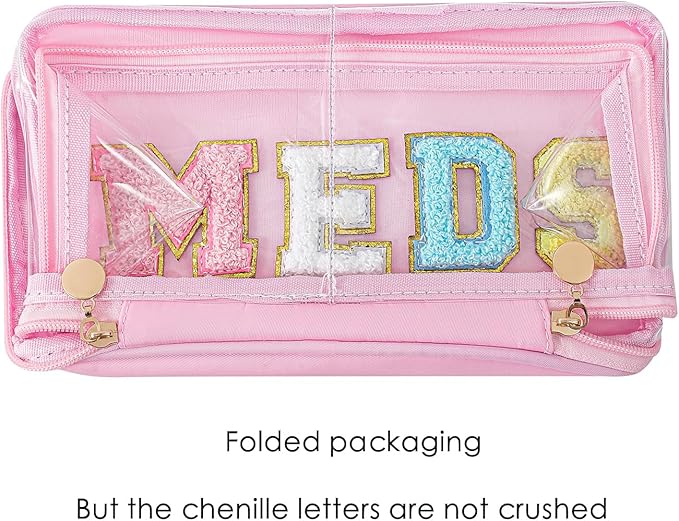 Large Waterproof Chenille Letter Medicine Clear Makeup Bag, Transparent PVC Nylon Preppy Patch Cosmetic Bag with Handle, Portable Meds First Aid Travel Organizer Cosmetic Bag (04MEDS-Light Pink)