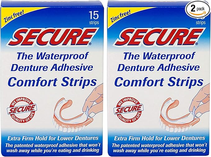 Secure Denture Adhesive Strips – Zinc Free – Waterproof – Comfortable Cushion Fit for Lowers – Extra Firm All-Day-Hold – No Mess – Clean Ingredients - 30 Strips (2 Pack)
