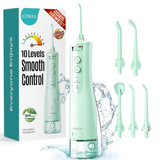 COSLUS Portable Water Flosser for Teeth: 10 Pressure Settings Professional Water Dental Pick for Orthodontic, Braces & Sensitive Gums - Cordless for Travel Use, for Adults Teens, BPA-Free, E40