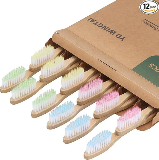 Bamboo Toothbrushes 12pack Colorful Wooden Natural Travel Toothbrush Organic Plastic Free for Adults