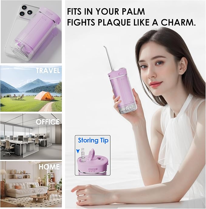 Portable Eco-Friendly Water Flosser 225ML Long-Lasting Endurance Travel Oral Irrigator for Gum Care/Implants/Braces (Pink)