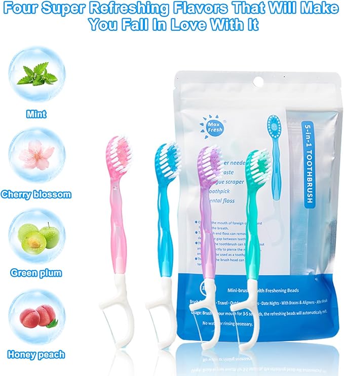 5 in 1 Toothbrush & Floss, 26Pcs mini toothbrushes with Toothpaste, All in one Oral Care on The go, 5 in 1 mini Brush, Toothpaste and Floss, Disposable Travel Toothbrush Set (2)