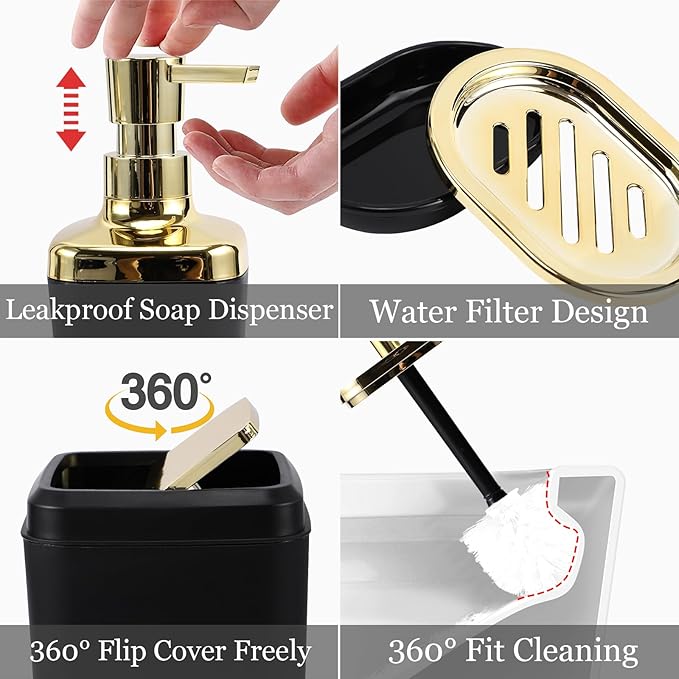Bathroom Set - Black Bathroom Accessories Set, Bathroom Sets with Shower Curtain and Rugs, Black Shower Curtain Set with Bathroom Trash Can, Soap Dispenser, Soap Dish for Home Decor