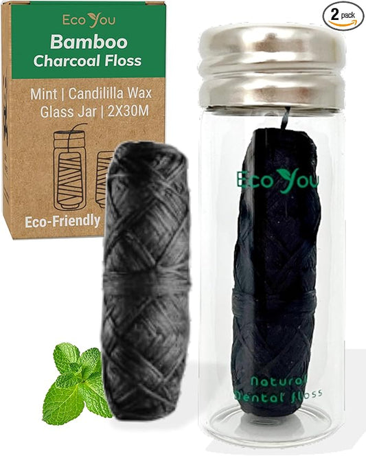 Charcoal Bamboo Floss | 2 Natural Floss Refill with Glass Container | Organic Mint & Candelilla Wax | Vegan & Biodegradable | Compatible w/Similar Dental Floss Silk Refill Containers