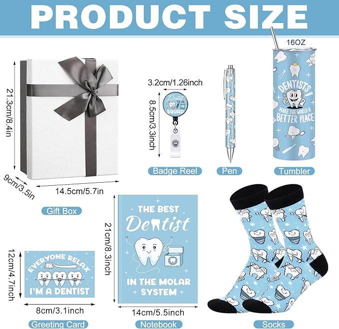 Geiserailie 8 Pcs Dentist Gifts Set for Men Women Dental Assistant Gift Include 16oz Stainless Steel Tumbler Badge Holder Socks Pen Notebook Keychain Greeting Card for Thank You Birthday Gift