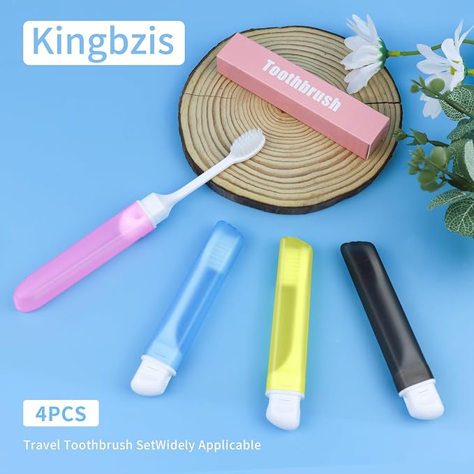 Kingbzis 4PCS Travel Toothbrush Set,Mini Soft Portable Toothbrush with Cover,Individually Wrapped Small Toothbrush Travel Size Toiletries Stuff(Bright Color)