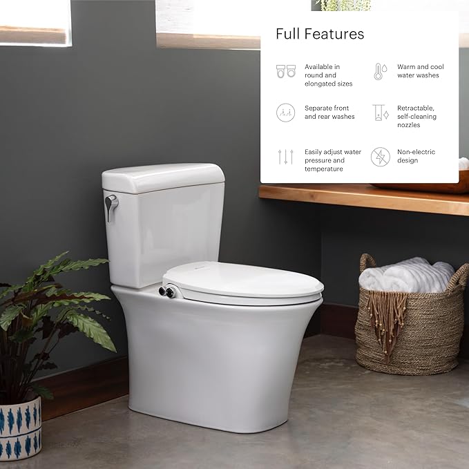 Brondell Bidet Toilet Seat, Non-Electric Swash Ecoseat, Fits Elongated Toilets, White - Dual Temperature, Dual Nozzle System - Bidet with Easy Installation