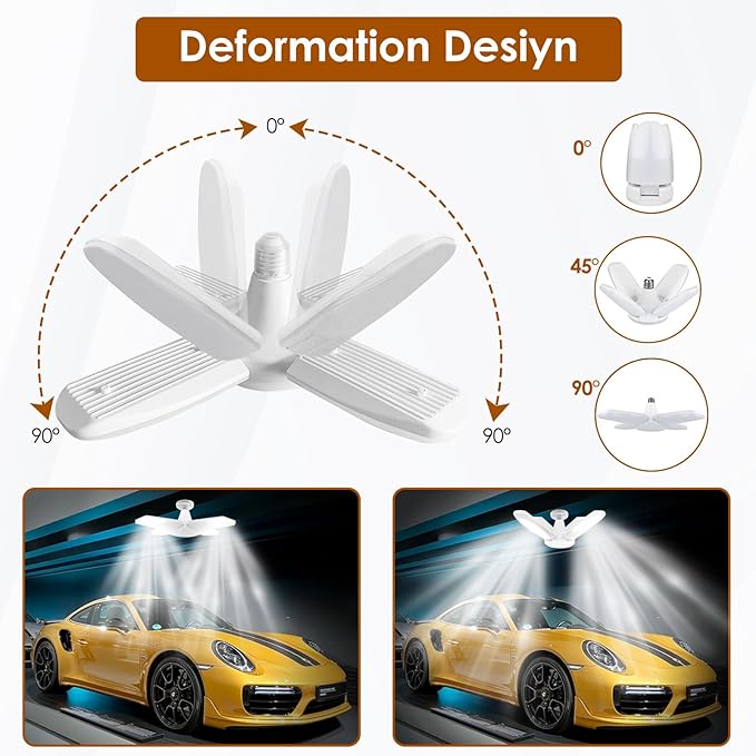 YWD LED Garage Lights 2Pack, 60W Deformable Led Ceiling Lighting 6000LM E26/E27 Daylight 6500K Super Bright Light Adjustable for Workbench, Barn, Warehouse