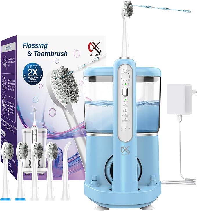Professional Flossing Electric Toothbrush with Water Flosser, Water Flossers for Teeth 2 in 1 Toothbrush and Water Flosser Combo, Sonic Electric Toothbrush Cordless Flossing Brush (Blue)