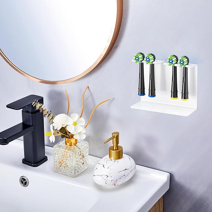 Electric Toothbrush Head Holder, Tooth Brushing Holder, Wall Mounted Toothbrush Holders Shower Bathroom, Self Adhesive or Desktop Tooth Brush Holder Organiser (White, Medium)