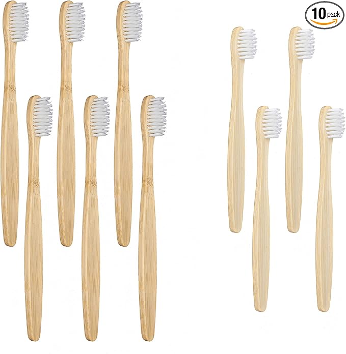 SEVENHEAD Bamboo Toothbrushes for Adults & Kids - Family Set 6+4 PCS, Soft Bristles, Natural Biodegradable BPA Free Eco-Friendly Wooden Toothbrush, White