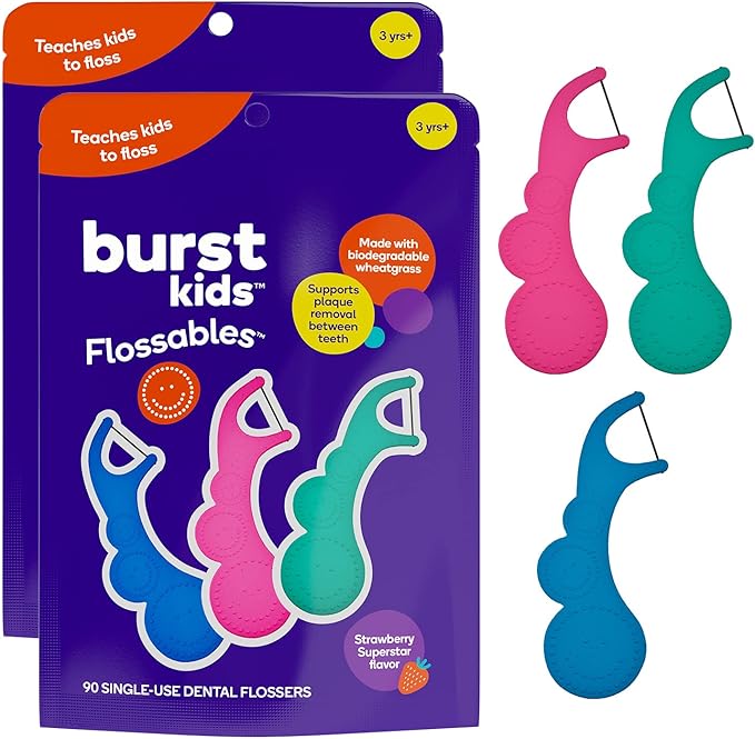 BURST Kids Flossers (180 Count/2 Pack) | Strawberry Aroma | Toddler Dental Flossable Picks with Ergonomic Design | No-Slip Grip | Smiley Face and Fun Colors |