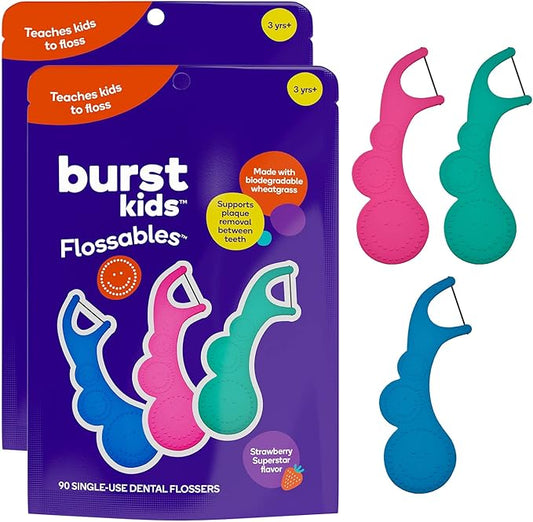 BURST Kids Flossers (180 Count/2 Pack) | Strawberry Aroma | Toddler Dental Flossable Picks with Ergonomic Design | No-Slip Grip | Smiley Face and Fun Colors |
