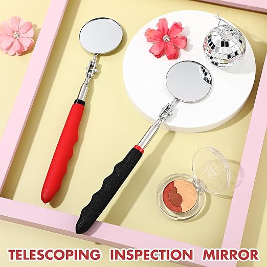 2 Pcs Telescoping Inspection Mirrors, Mechanics Mirror Tool with Long Handle, Round Extendable Mirror on a Stick for Technicians Mechanics Contractors Checking Observation(50mm,Black,Red)