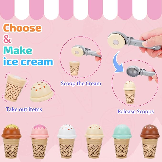 Wooden Ice Cream Toys for Kids Ice Cream Counter Shop for Toddlers Pretend Play Food Scoop and Serve with Scoop & Menu & Fake Money for Boys and Girls Ages 3 4 5 6 (Pink)