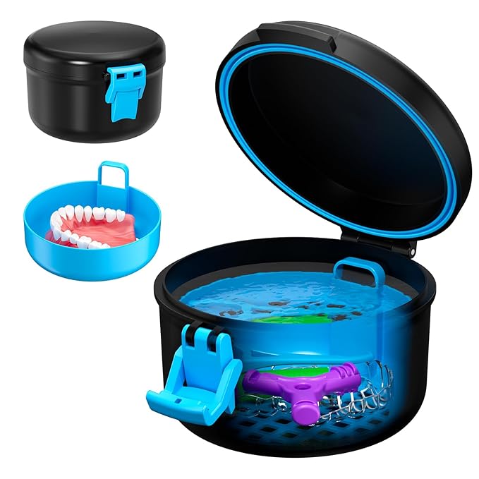 Denture Case, Leak Proof Denture Bath Cup for Travel, False Teeth Container for Soaking Dentures & Retainer, Retainer Cleaner Case, Black+Blue.