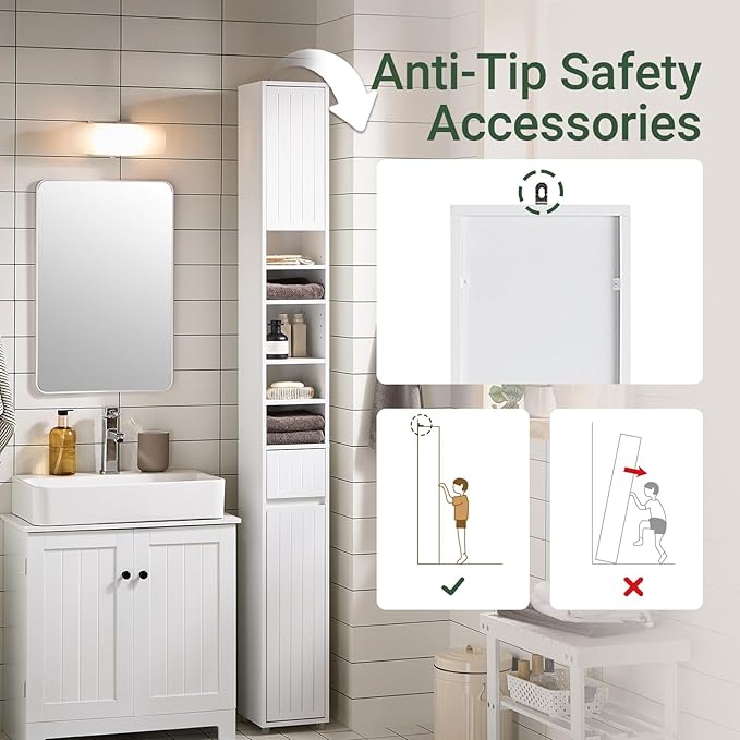 SoBuy Tall Narrow Storage Cabinet, Skinny Bathroom Cabinet with Adjustable Shelves Slender, Anti-Tipping Floor Standing Cupboard, Pinstripe White BZR160-W