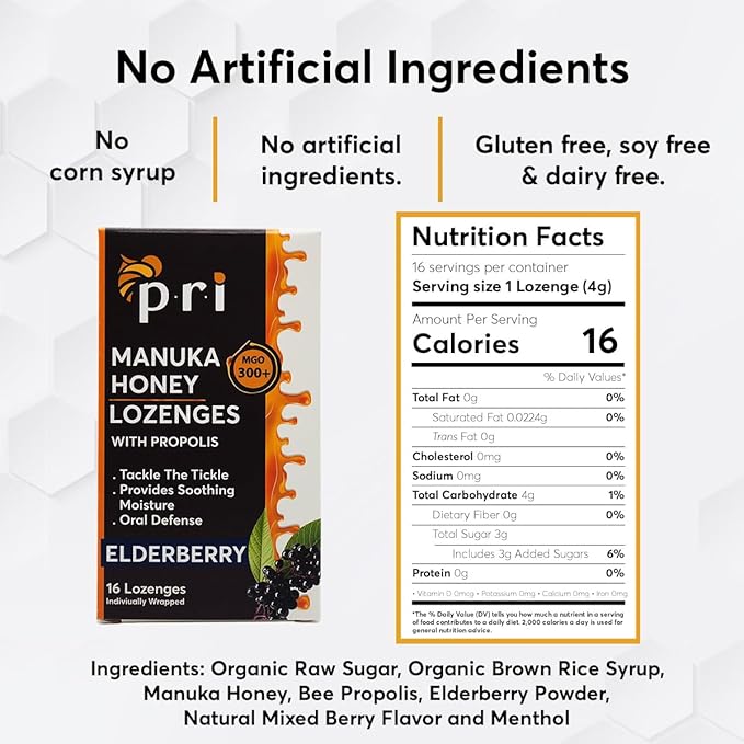 P.R.I Manuka Honey Lozenges with Propolis, Soothing Cough and Throat Drops, MGO 300+ Certified, (Elderberry, 16 Count)