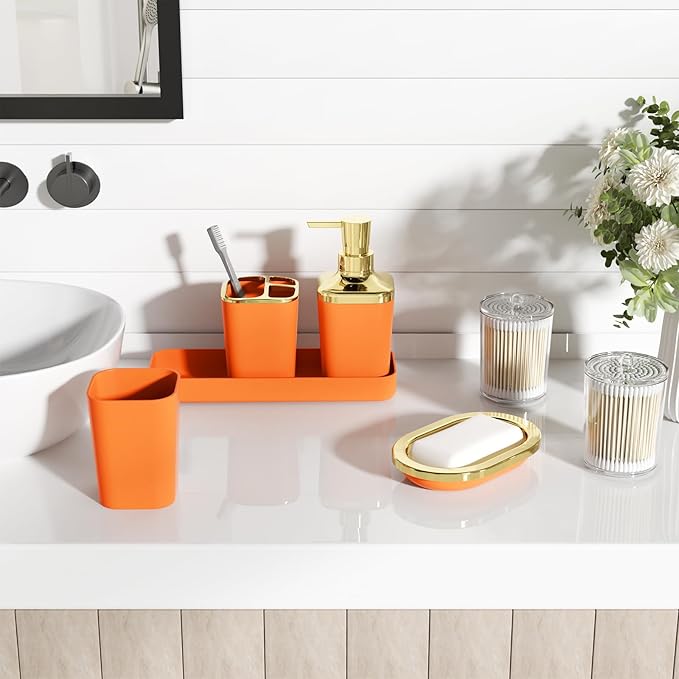 Bathroom Accessories Set - 25PC Bathroom Set with Shower Curtain and Rugs, Orange Bathroom Set, Bathroom Accessory Set with Press-on Lid Trash Can, Soap Dispenser and Qtip Holders