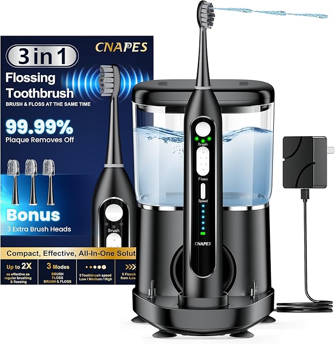 Electric Toothbrush with Water Flosser 3-in-1 Combo, Professional Sonic Toothbrush for Adults, 3 Brush Modes+5 Floss Speeds, Rechargable, 2.0 Flossing Toothbrush for Oral Care, Portable Travel Case
