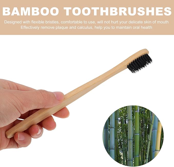Vaguelly Disposable Charcoal Toothbrushes for Adults 10pcs, Soft Nylon Bristles with Wooden Handle, Natural Oral Care Tools Suitable for Travel and Daily Cleaning