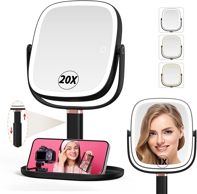 Mocado Makeup Mirror with Lights, 1X/20X Magnifying Mirror with Light, Vanity Mirror with 3 Colors Lights, Height Adjustable Lighted Makeup Mirror, Double Sided 360°Rotation, Memory Function (Black)