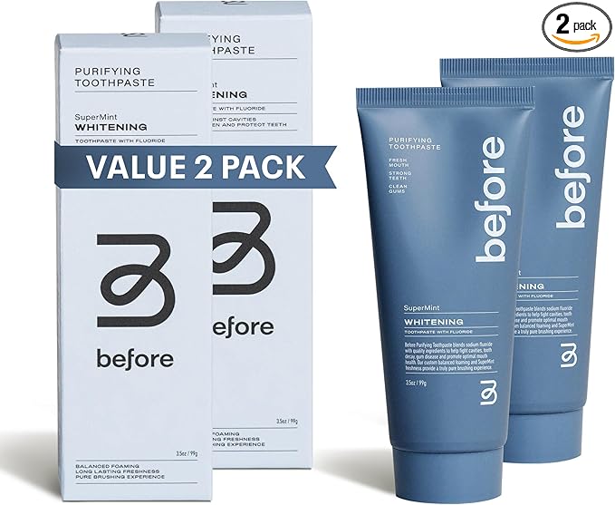 Before | Whitening Anti-Cavity Toothpaste | Vegan, Reduces Plaque for Gum Health, Balanced Foaming, Low Abrasion, Long Lasting Minty Fresh Breath, Plant-Based 3.5oz Tubes, Made in The USA — 2 Pack