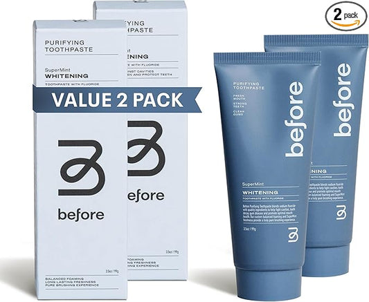 Before | Whitening Anti-Cavity Toothpaste | Vegan, Reduces Plaque for Gum Health, Balanced Foaming, Low Abrasion, Long Lasting Minty Fresh Breath, Plant-Based 3.5oz Tubes, Made in The USA — 2 Pack
