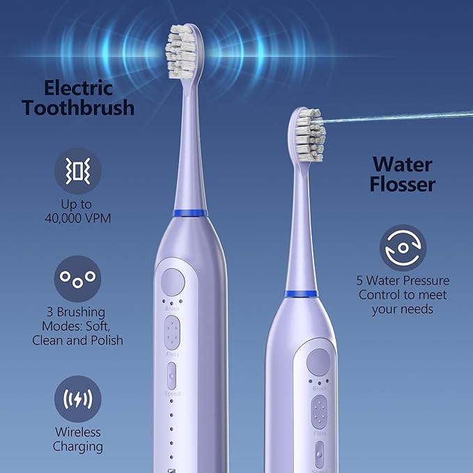 Water Flosser with Electric Toothbrush – 3 Sonic Toothbrush Modes & 5 Water Flossing Pressure – Fast Charging & IPX7 Waterproof – Portable Travel Case Included(Purple)