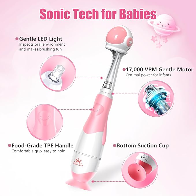 Toddler Electric Toothbrush Kids Age 1-2-3 Years Old, Infants & Baby Electric Toothbrush with Finger Tooth Brush, Cute Cover, LED Light, 2 Minutes Timer, 4 Brush Heads, Suction Cup (Pink Astronaut)