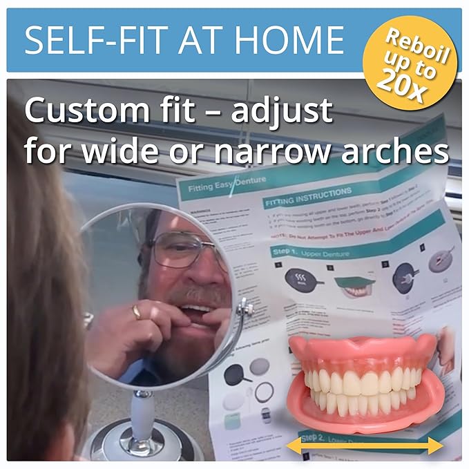 Boil-&-Bite Functional Denture, Self-fit at Home in Mins, Adjusts for Narrow or Wide Arches, Long-term or temporary Solution, Eat, Drink and Smile Confidently, Med/Large Denture, Upper