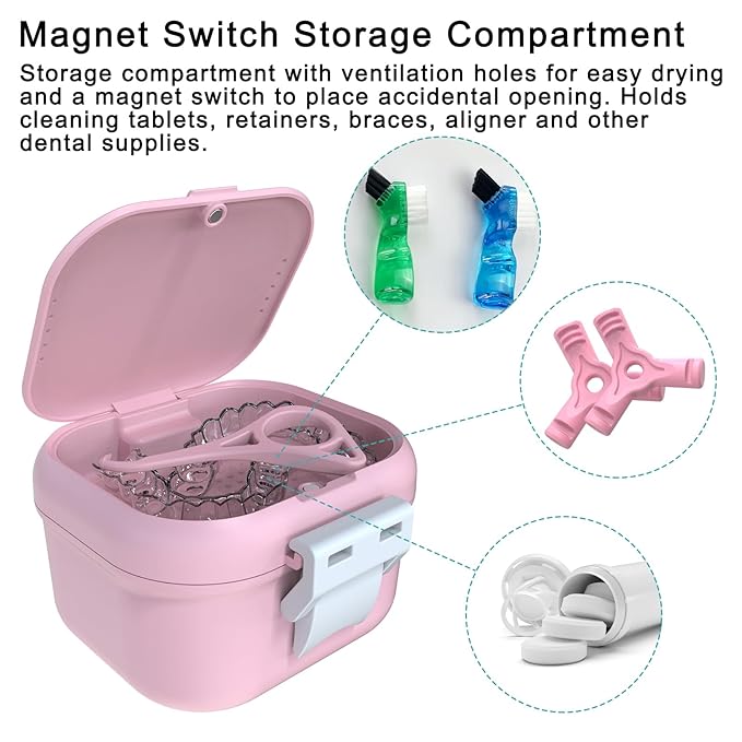 ARGOMAX Leak Proof Denture Bath Cup, Portable Soaking Denture Box, Denture Bath Case with Strainer, for Dentures and Braces, Upgraded Version with Storage Compartment (Pink + White).