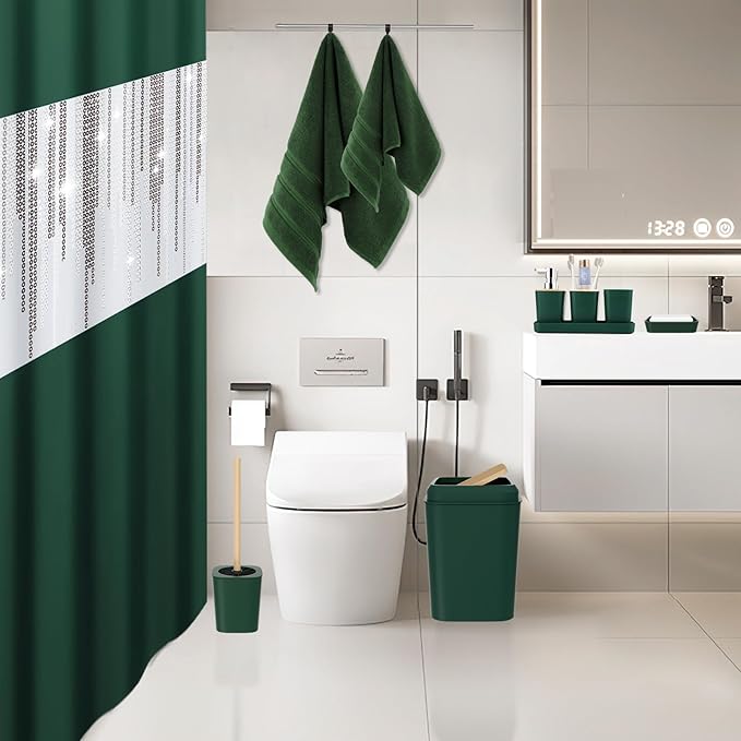 Dark Green Bathroom Accessories Set with Sequin Shower Curtain Dark Green Bathroom Decor with Trash Can,Toothbrush Holder, Toothbrush Cup,Soap Dispenser, Tray, Soap Dish,Toilet Brush