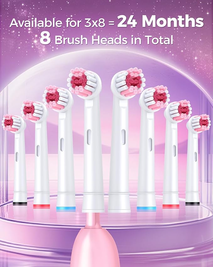 Rotating Electric Toothbrush with 8 Brush Heads for Adults and Kids, 3 Modes Rechargeable Power Toothbrush with 2-Minute Smart Timer, 45-Day Battery, Pink