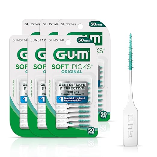 GUM Soft-Picks Original, Easy to Use Dental Picks for Teeth Cleaning Health, Disposable Interdental Brushes with Convenient Carry Case, Dentist Recommended Dental Picks, 50 Count (Pack of 6)