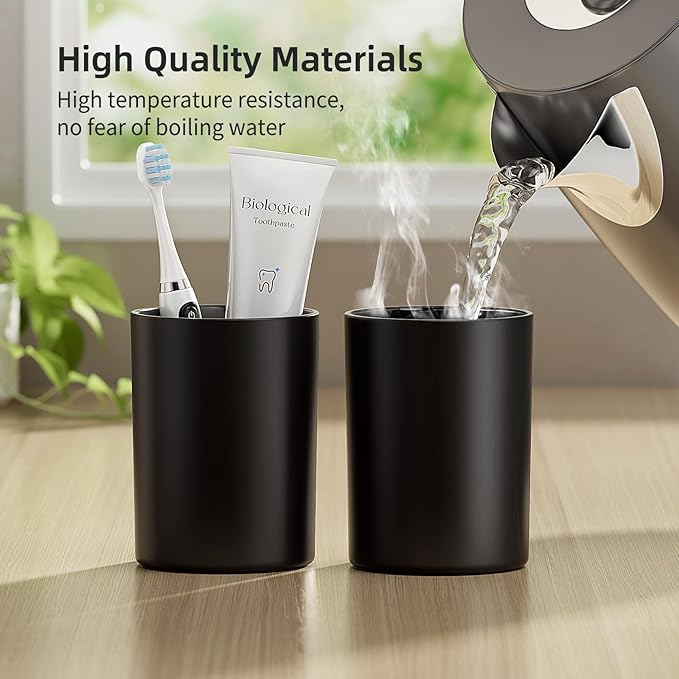 Toothbrush Cup 13.75oz 390ml with Non-Slip Pad, Easy to Clean Bathroom Cup 2Pcs, Reusable Plastic Bathroom Tumbler,Black