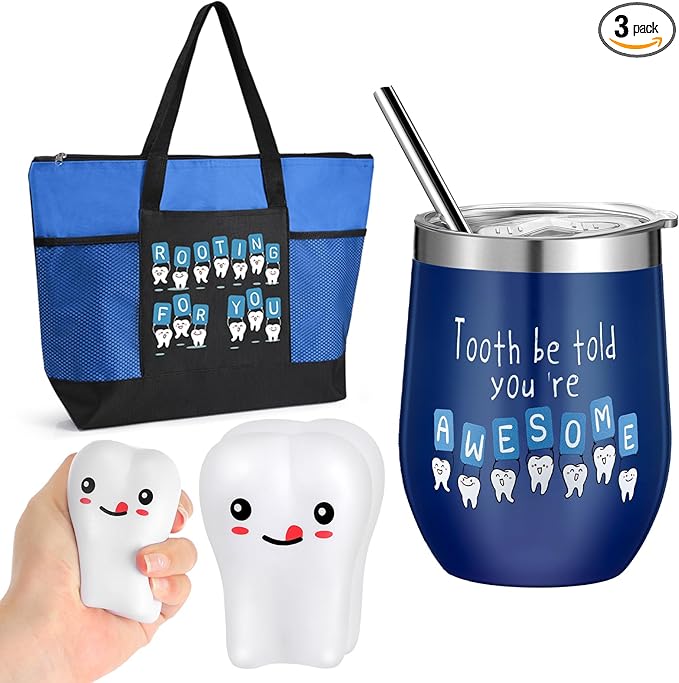 Sliner 3 Pcs Christmas Dental Assistant Gifts Positive Dentist Dental Hygienist Gifts Accessories Inspirational 12oz Tumbler Tote Bag Funny Teeth Stress Toy for Women Students Nurses Doctors(Blue)