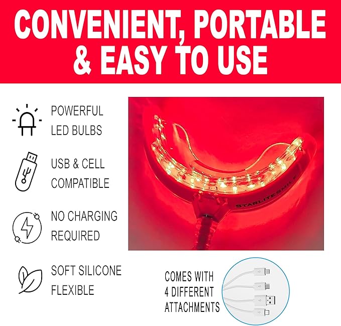 Red Light for Gums – Gum Health & Gum Care – 32 Red LEDs for Gums and Teeth – USB-C, USB & Lightning-Compatible Adapters Included – Gum Red Light by Starlite Smile
