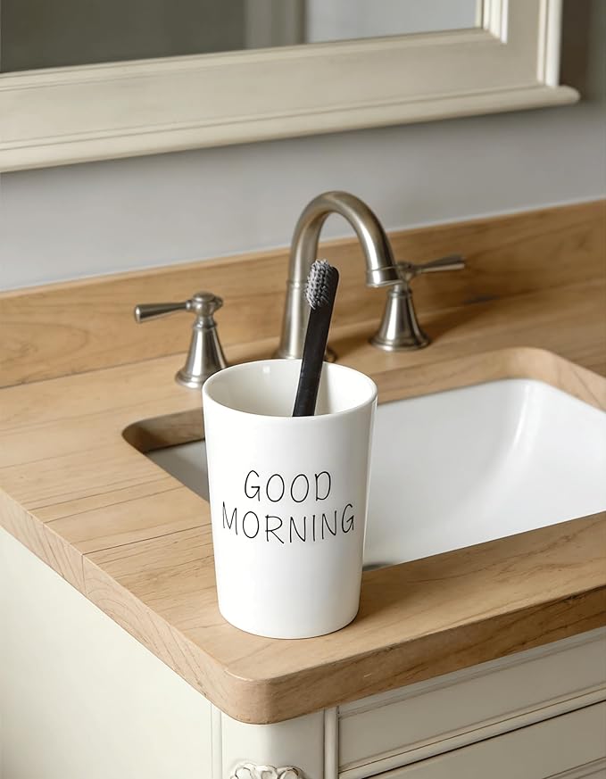 Kelake White Ceramic Tumbler Cup for Bathroom Toothpaste Toothbrush Holders Water Milk Drinks Cup 350 ml Bathroom Good Morning Couples Cup for Christmas Birthday