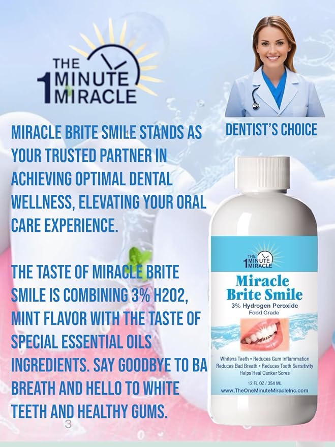 Miracle Brite Smile With Food Grade Hydrogen Peroxide and Essential Oils - Teeth whitening, breath freshening, removing bad breaths & tooth sensitivity.