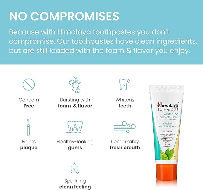 Himalaya Botanique Whitening Complete Care Travel Toothpaste, Mint - Travel Size Whitening Toothpaste Without Fluoride for Brighter Teeth & Fresh Breath - Vegan, 0.74 oz (Pack of 10)