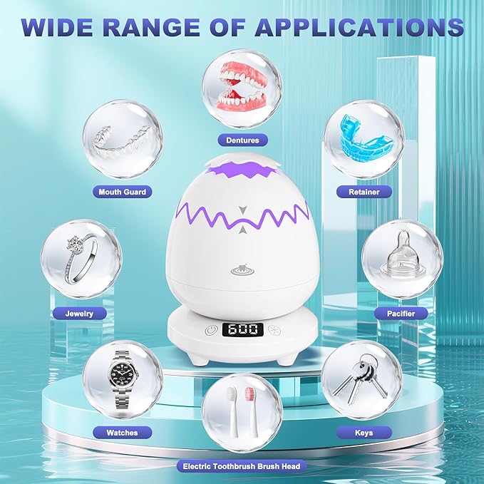 Ultrasonic Retainer Cleaner, 45kHz Denture Cleaner Machine, 4 Cleaning Modes, Removable Base, Dental Cleaning Pod for Mouth Guard/Night Guard/Braces/Aligner/Jewelry